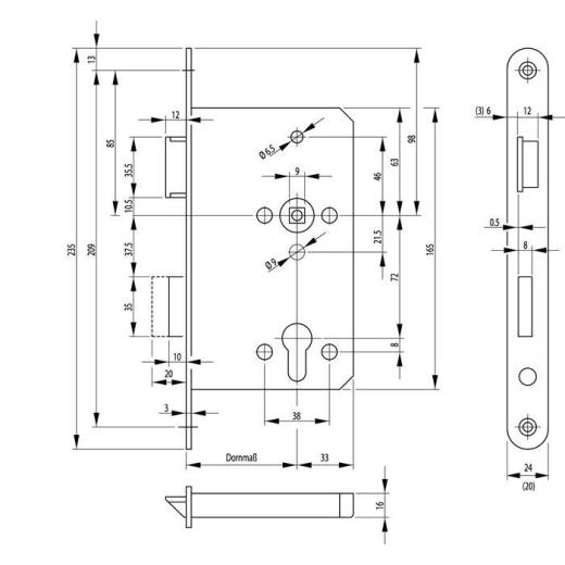 Panik-Einsteckschloss 1201 Fkt.D rd 24/65/72/9mm DIN L verz.BKS