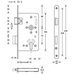 Panik-Einsteckschloss Ser.20 APE Fkt.E rd 24/65/72/9mm DIN re.VA SSF